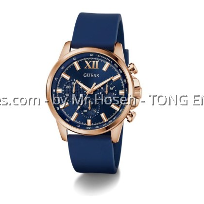 GUESS Mens Blue Rose Gold Tone Multi-function Watch 44mm GW0913G1